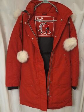 Moose Knuckles Red Hooded Puffer Coat Fur
